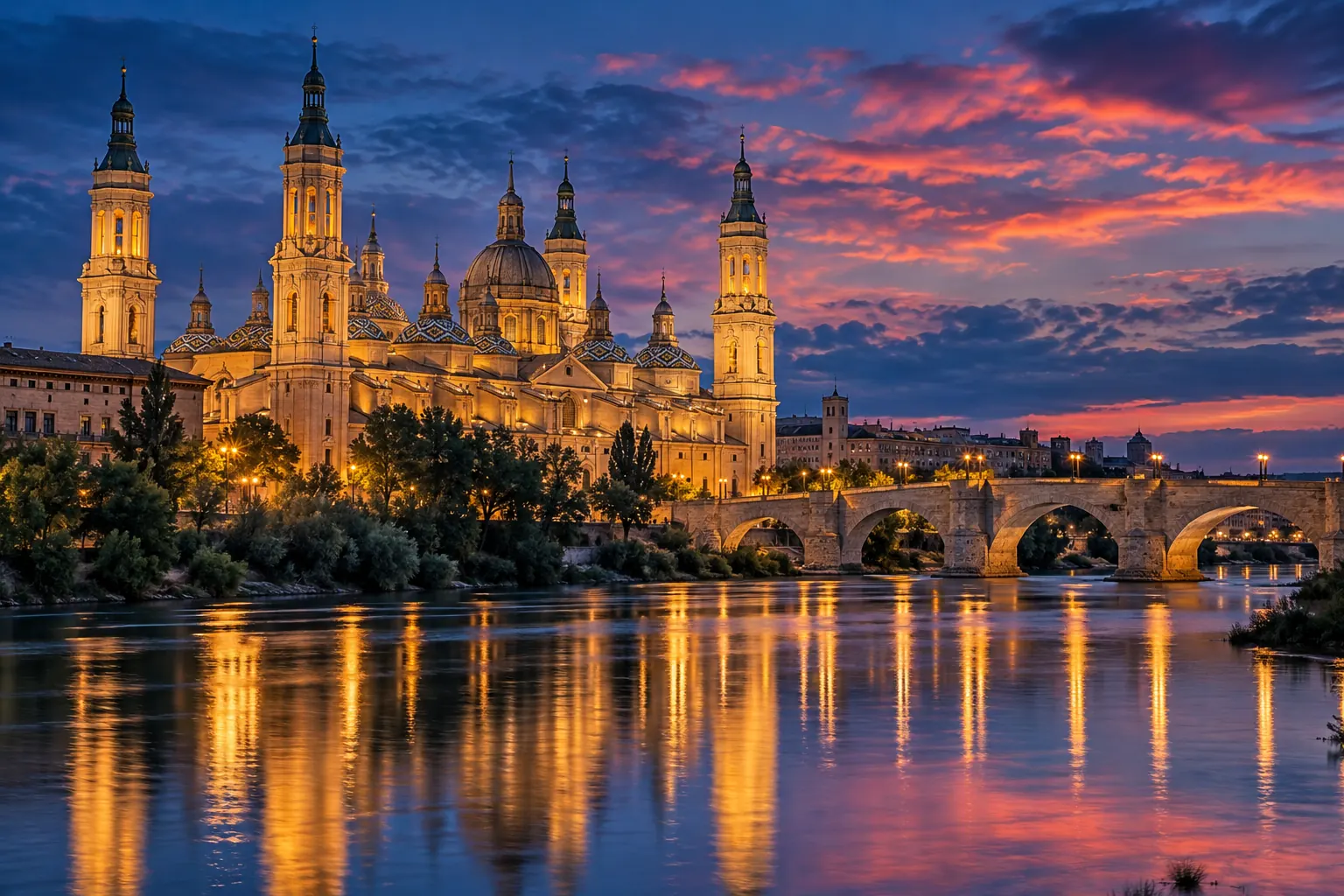 The Basílica del Pilar and the Puente de Piedra reflected in the River Ebro at blue hour