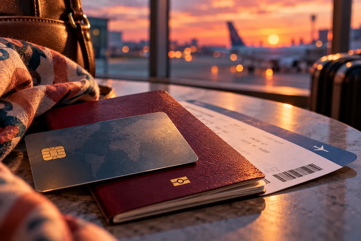 A credit card, passport and boarding pass on a table
