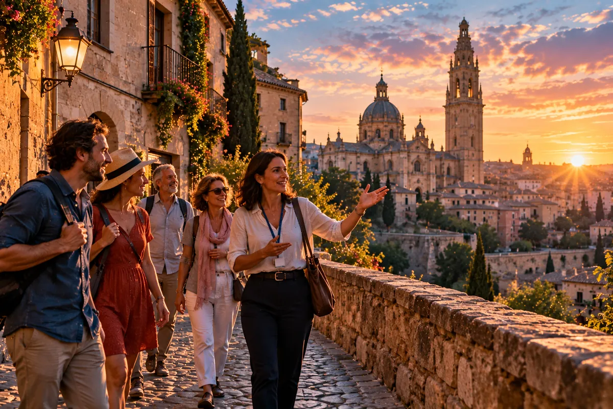 A small group of travellers following a guide through a historic old town