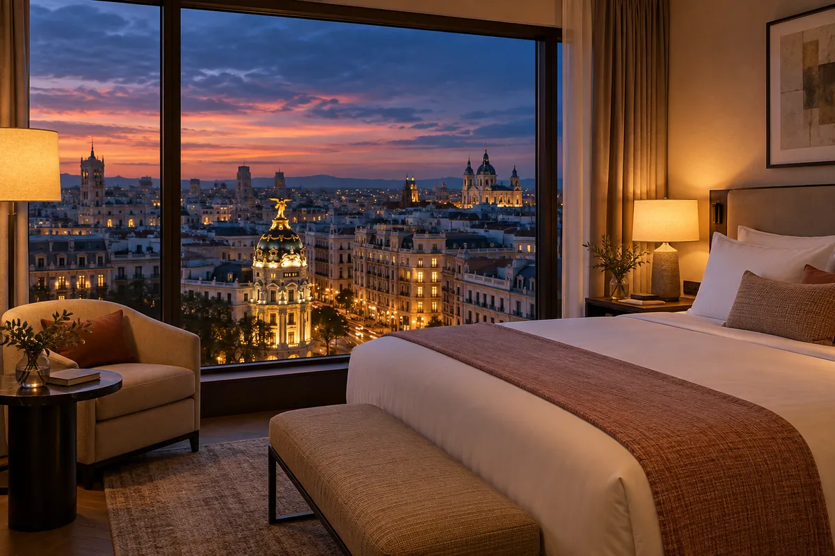A modern hotel bedroom with a window over a city skyline at dusk
