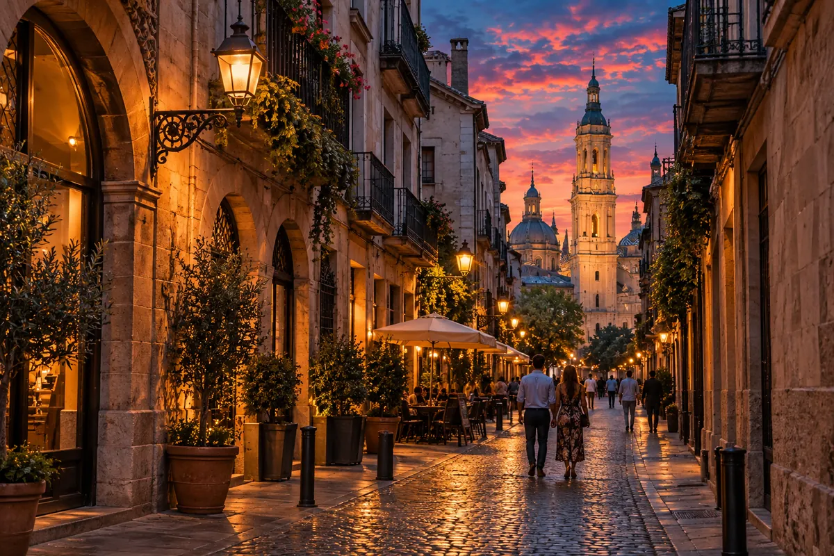 A narrow cobbled lane with stone buildings and wrought-iron balconies at night
