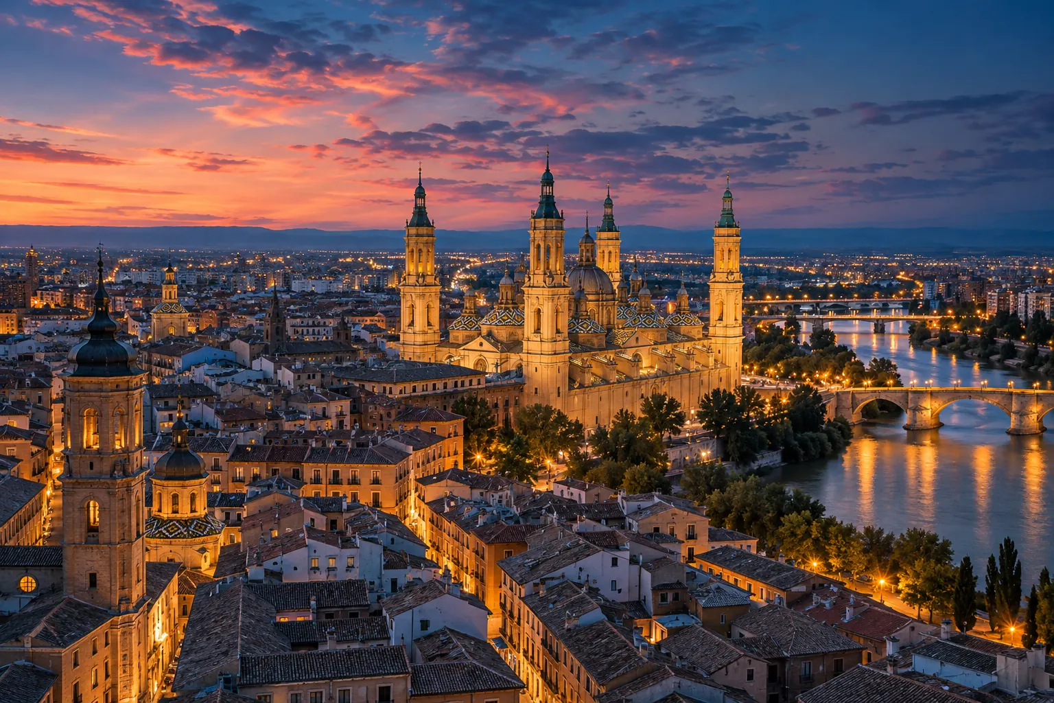 Rooftops of Zaragoza's old town at dusk with the basilica domes and the Ebro beyond