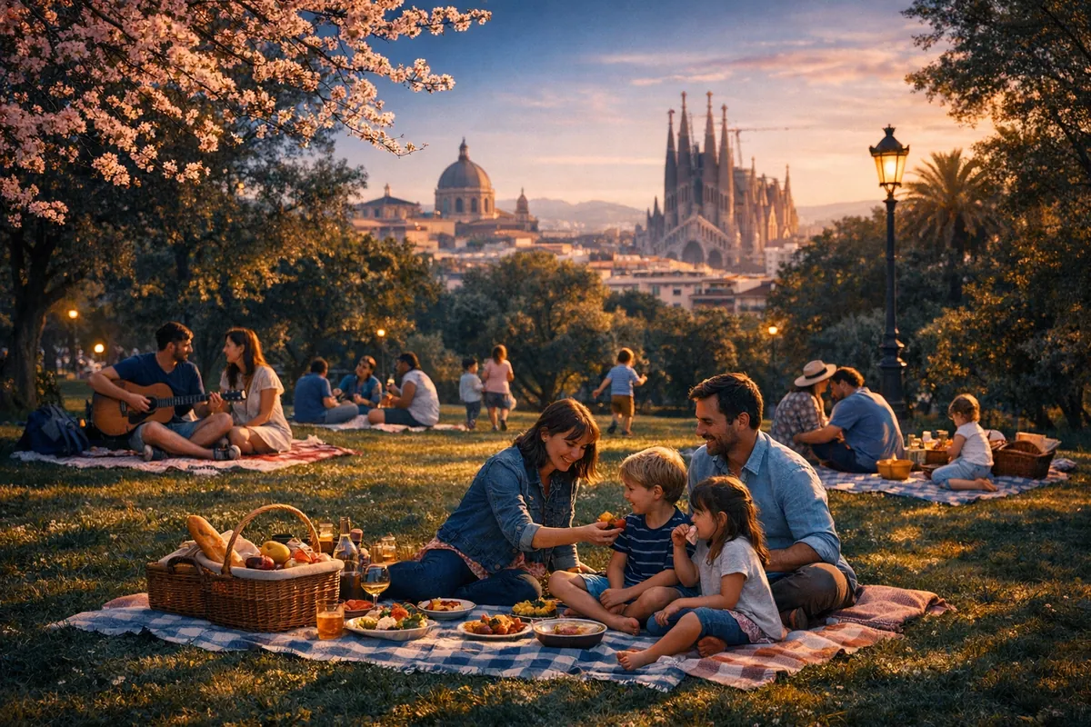Families on a spring picnic in a green city park