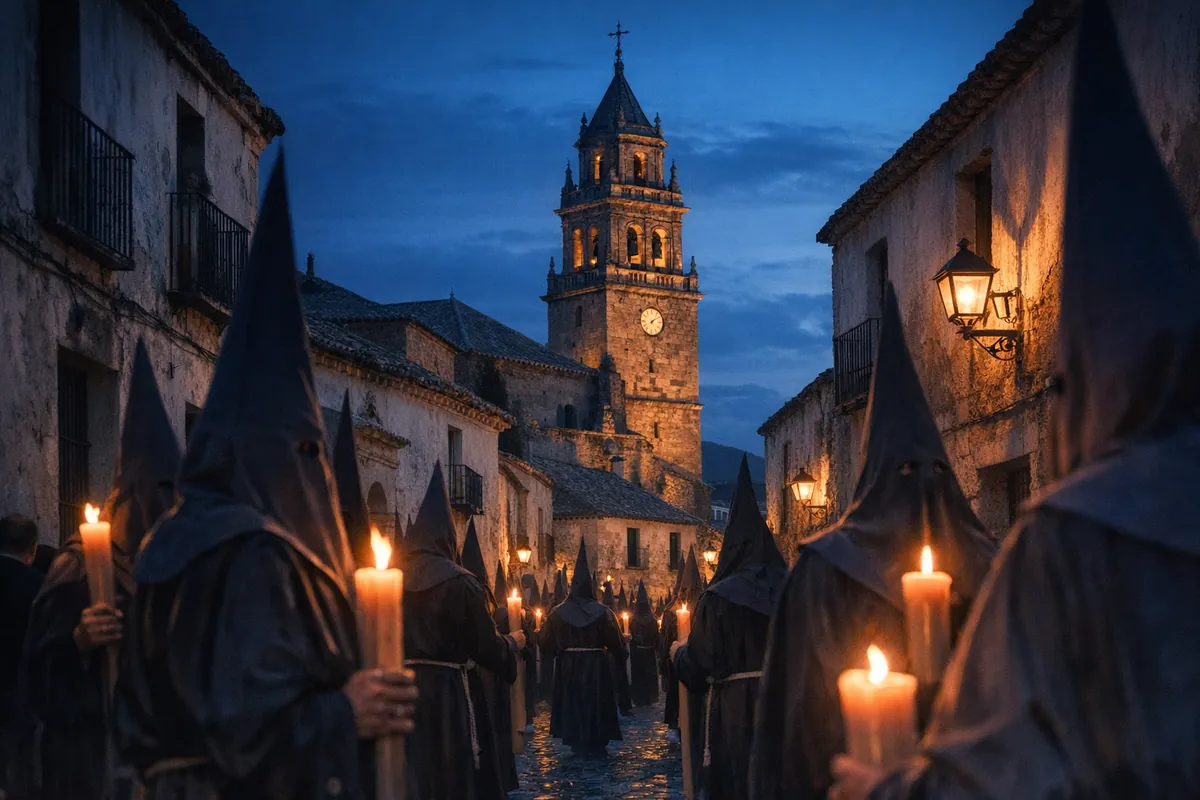 A Holy Week procession at dusk with hooded participants carrying candles